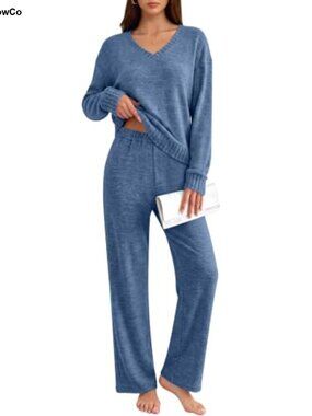 Women's 2 Piece Lounge Set V-Neck Long Sleeve Wide Leg Pajamas